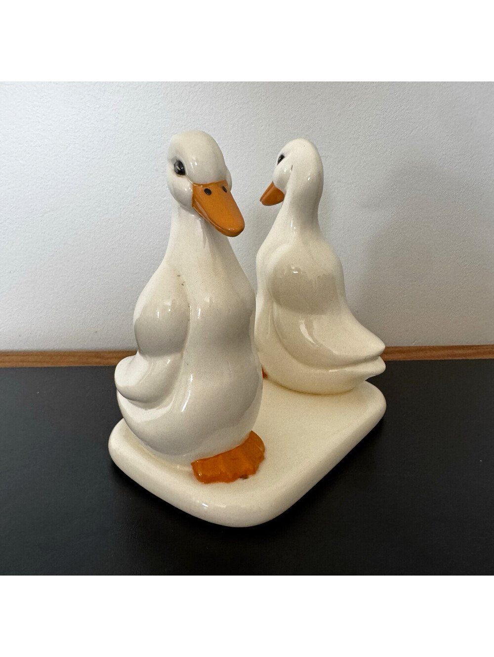 Goose Novelli Mold 1983 Ceramic White Duck Pair Figurines , Orange Cottagecore
